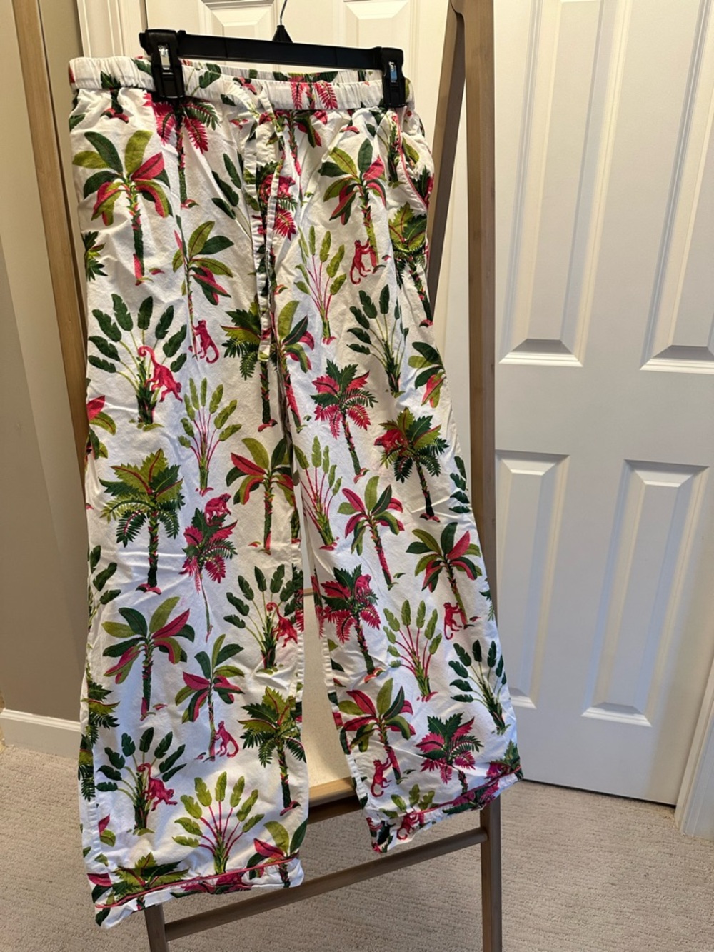 Printfresh Royal Palms Monkey Print Pajama Pants Ivory Pink Green XL Cotton